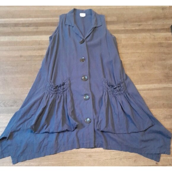 Forcynthia Size Small Boho Patch Pocket Handkerchief Hem Linen Blend Dress Blue - Picture 4 of 9